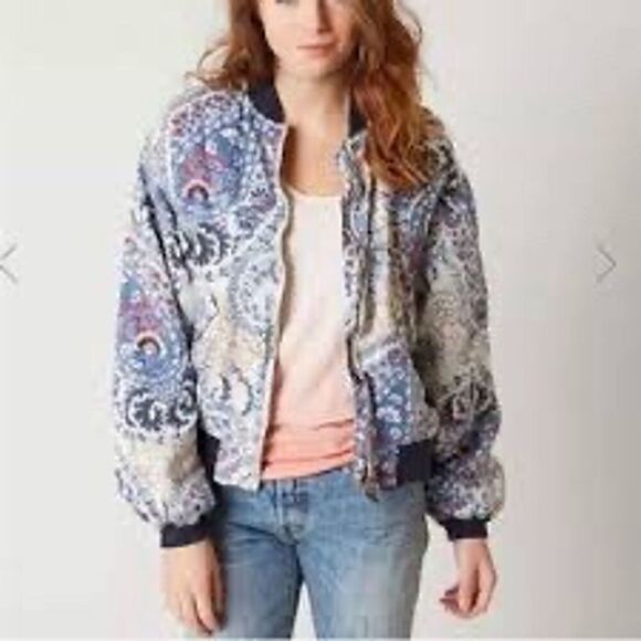 Women's Floral Bomber Jacket Multicolor Size M Lightweight Zip Pockets